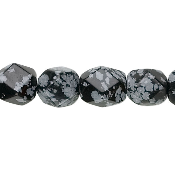 Bead, snowflake obsidian (natural), medium to large tumbled faceted pebble, Mohs hardness 5 to 5-1/2. Sold per 15-1/2" to 16" strand. image number 0