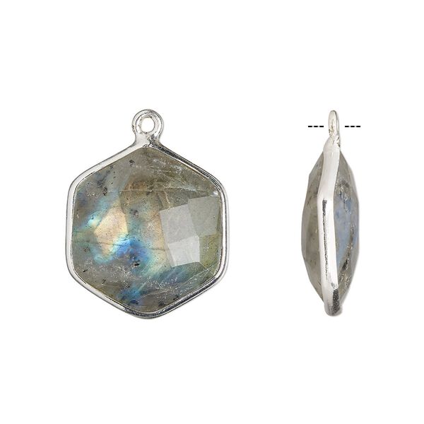 Drop, labradorite (natural) and sterling silver, 18x17mm-20x18mm hand-cut double-sided faceted hexagon. Sold individually. image number 0