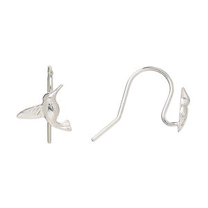 Ear wire fishhook 1pkg2 Amoracast® sterling silver, 13mm / 12x12mm humming bird / right and left facing / open loop, 20 gauge 1 pair