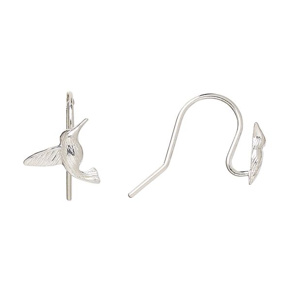 Ear wire fishhook 1pkg2 Amoracast® sterling silver, 13mm / 12x12mm humming bird / right and left facing / open loop, 20 gauge 1 pair image number 0