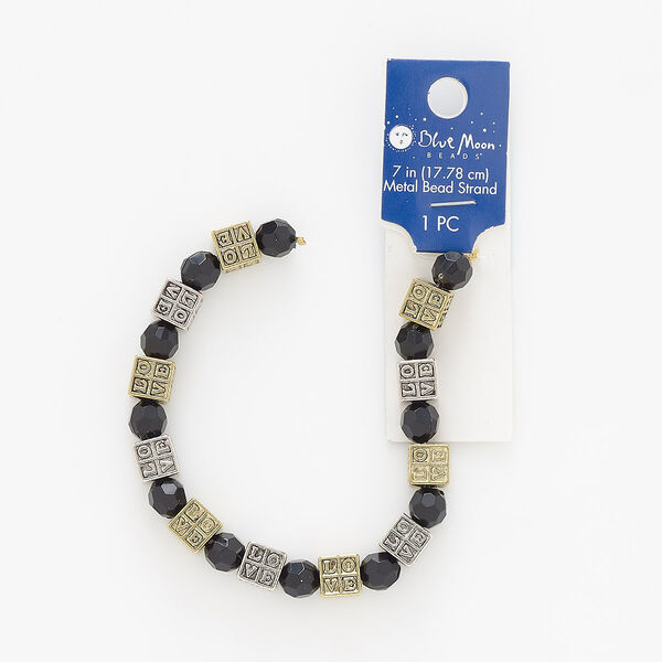 Bead mix, acrylic / antique gold- / antique silver-finished "pewter" (zinc-based alloy), 8mm faceted round and 8mm cube and with "love" and 1.2-2.5mm hole. Sold per 7-inch strand. image number 0