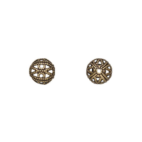 Bead, antique gold-plated brass, 8mm filigree round. Sold per pkg of 10. image number 0
