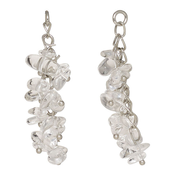 Focal, quartz crystal (natural) and silver-finished steel, 48x14mm cluster with 5mm open jump ring, Mohs hardness 7. Sold per pkg of 2. image number 0