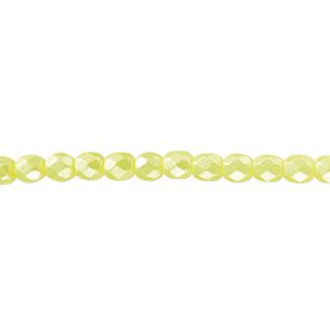 Bead, Czech fire-polished dipped décor glass, pearlescent light yellow, 4mm faceted round. Sold per 15-1/2" to 16" strand.