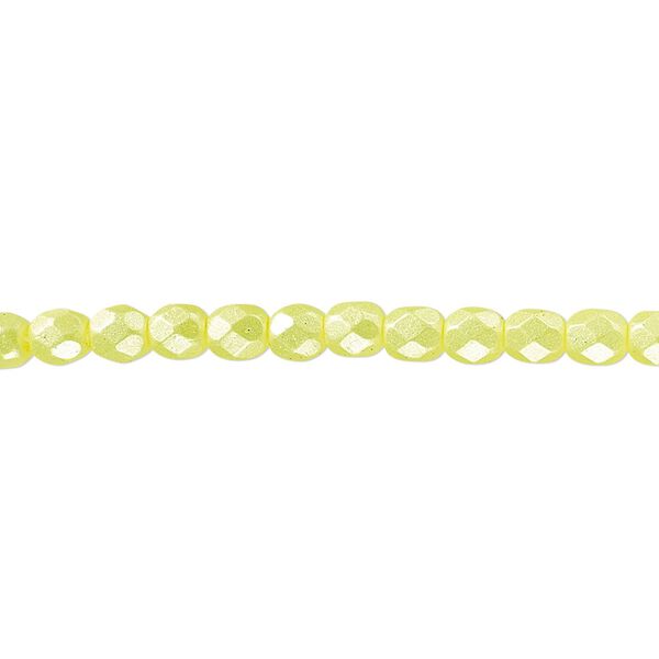 Bead, Czech fire-polished dipped décor glass, pearlescent light yellow, 4mm faceted round. Sold per 15-1/2" to 16" strand. image number 0