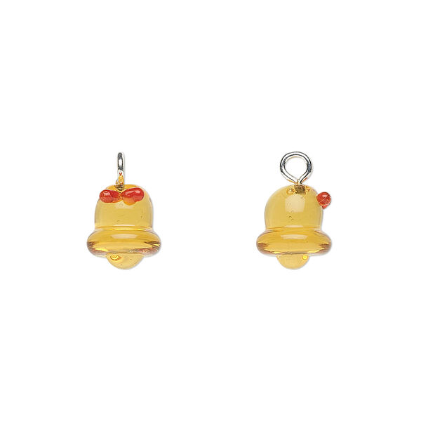 Drop, lampworked glass with silver-finished steel, red and gold, 9x8mm bell. Sold per pkg of 2. image number 0