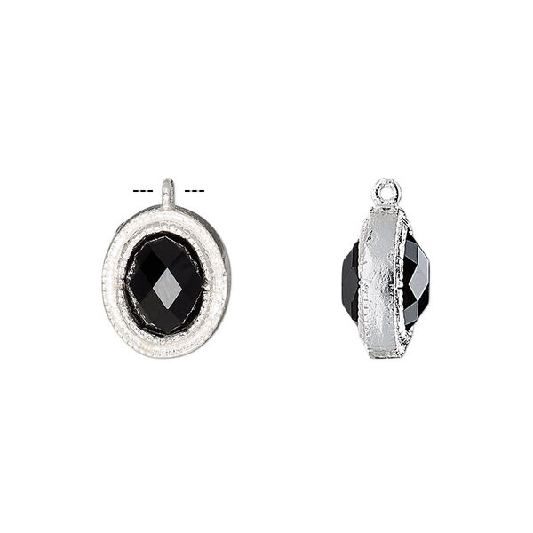 Drop, black onyx (dyed) and sterling silver, 13x11mm double-sided faceted oval. Sold individually. image number 0