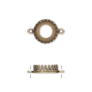 Link, JBB Findings, antiqued brass, 11.5mm round with open back and decorative trim, 10mm round bezel setting. Sold per pkg of 2.