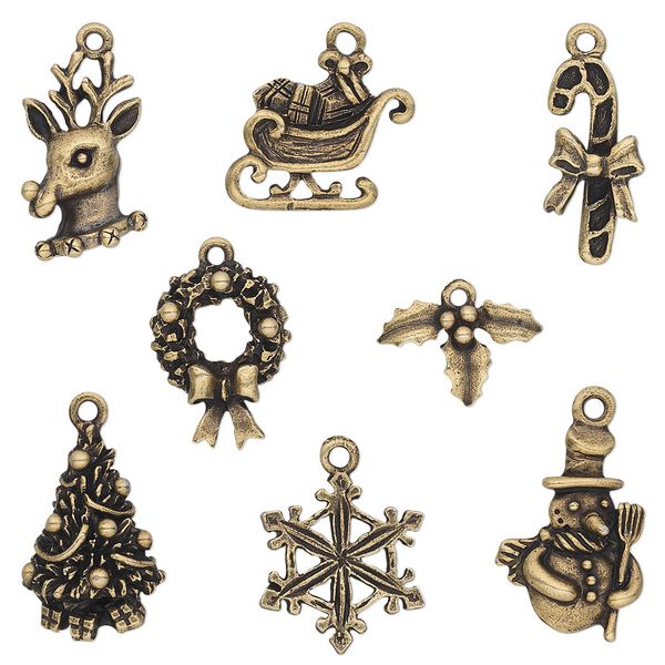 Charm, antique brass-plated pewter (tin-based alloy), 12.5x9.5mm-23x17.5mm Christmas theme. Sold per 8-piece set. image number 0