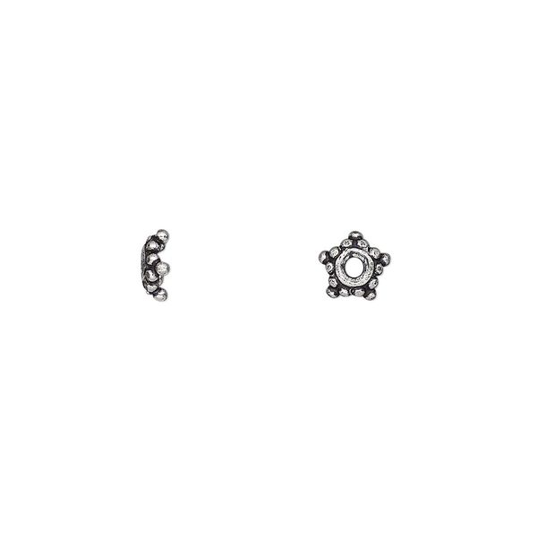 Bead cap, antiqued sterling silver, 5.5x2mm beaded star, fits 5-7mm bead. Sold per pkg of 10. image number 0