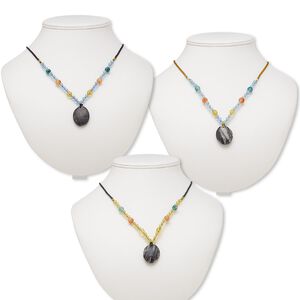 Multi-gemstone / acrylic / glass 1pkg3, oval pendant necklace mix continuous loop 20-24 inch 29x23mm-30x24mm