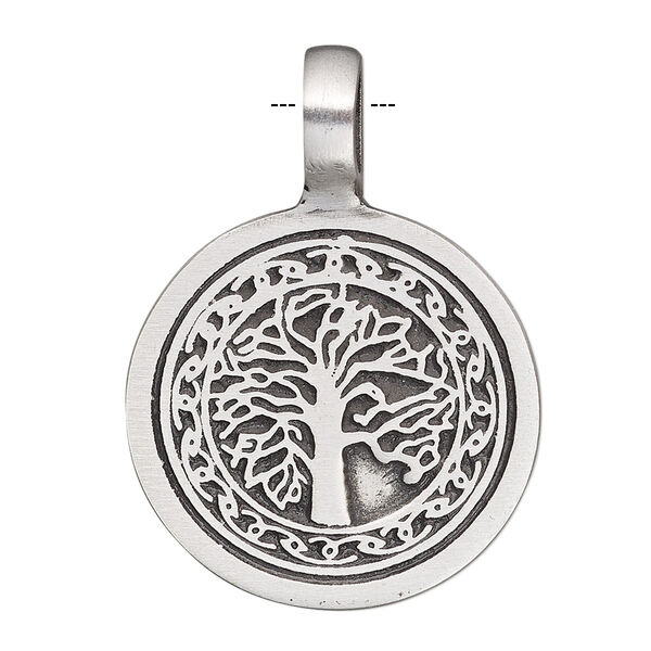 Pendant, antiqued pewter (tin-based alloy), 39x28mm single-sided flat round with tree design. Sold individually. image number 0