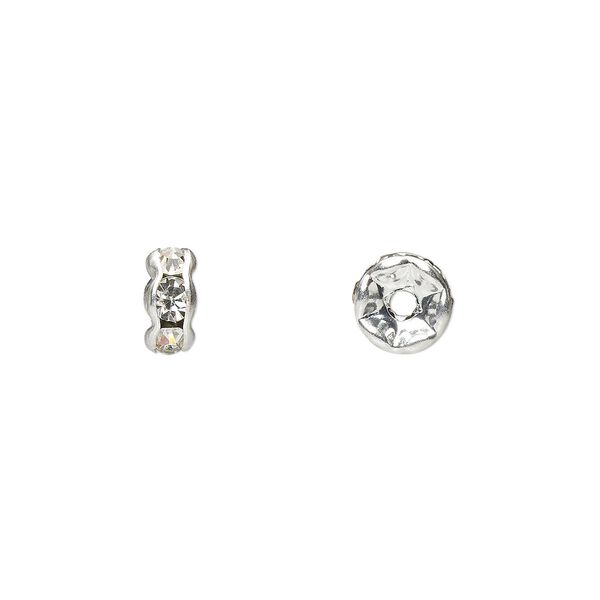 Bead, glass rhinestone and silver-plated brass, clear, 6x3mm rondelle. Sold per pkg of 10. image number 0