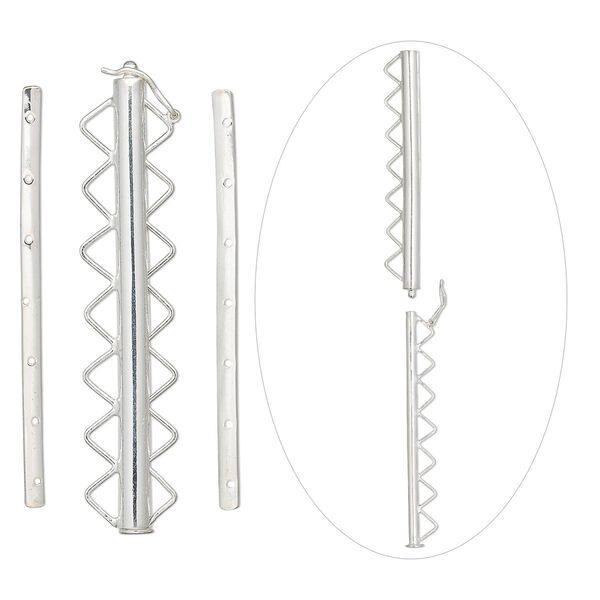 Clasp, 7-strand slide lock, sterling silver, 45x3mm round tube with 2 spacer bars. Sold per 3-piece set. image number 0