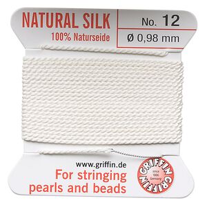 Thread, Griffin, silk, white, size #12. Sold per 2-meter card (approximately 78 inches).