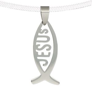 Pendant, stainless steel, 37x16mm single-sided matte and shiny Christian fish with "JESUS." Sold individually.