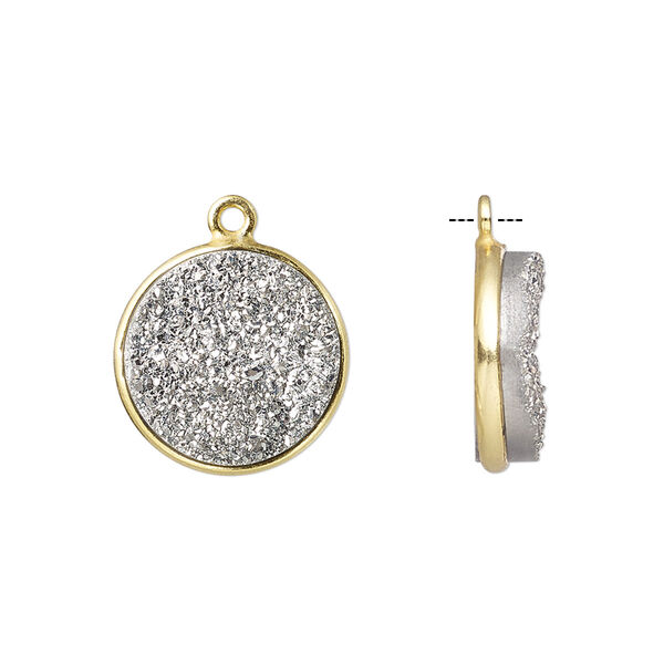 Drop, titanium- / electro-coated druzy agate (coated) / gold-finished sterling silver, silver, 15mm hand-cut single-sided flat round. Sold individually. image number 0