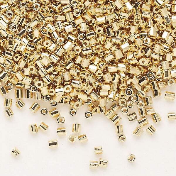 Seed bead, Dyna-Mites™, glass, pkg/40g, #11 2-cut hex, opaque 24Kt gold-plated, (570 11/0 2CUT). image number 0