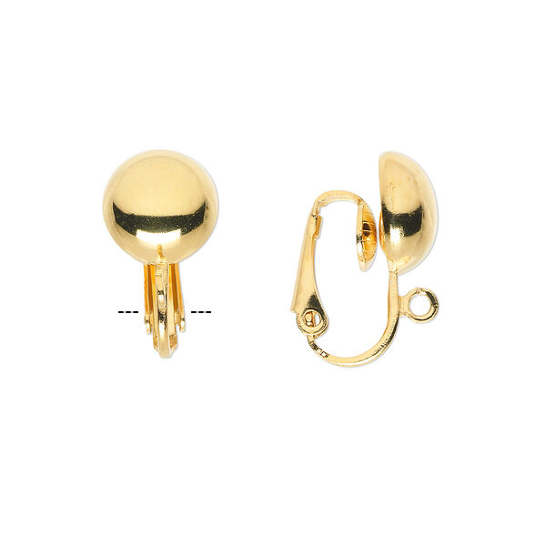 Earring, clip-on, gold-plated steel, 18mm hinged with 10mm half ball and open loop. Sold per pkg of 50 pairs. image number 0