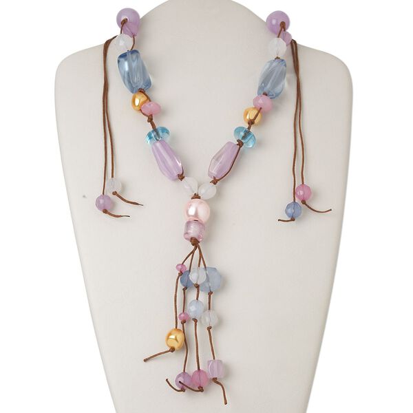 Necklace, plastic / resin / waxed cotton cord, multicolored, rondelle, adjustable from 17-44 inches with knot closure. Sold individually. image number 0