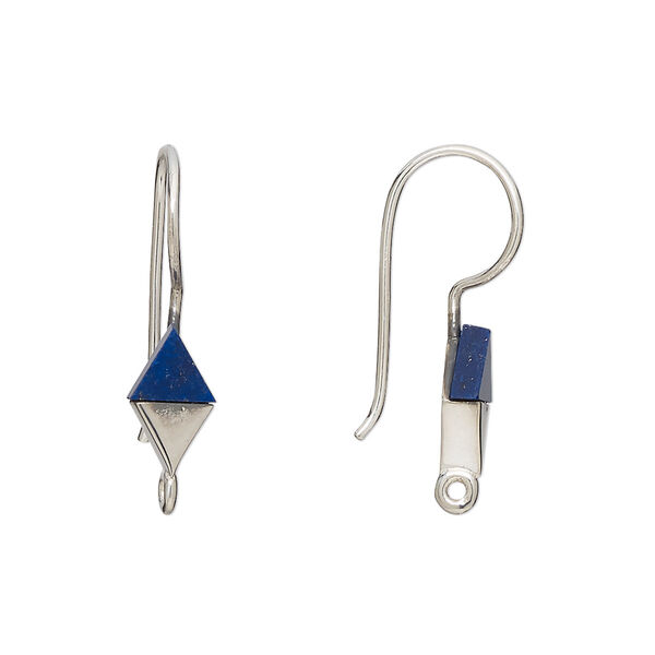 Ear wire, lapis lazuli (natural) and sterling silver, 24mm fishhook with 10x6mm hand-cut diamond and closed loop, 19 gauge. Sold per pair. image number 0