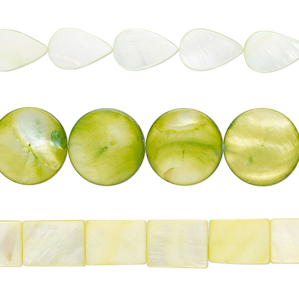 Bead mix, mother-of-pearl shell (dyed), lime green and lemon, 20x15mm-25mm mixed shapes with 0.6-0.8mm hole, Mohs hardness 3-1/2. Sold per pkg of (3) 15-inch strands. image number 0