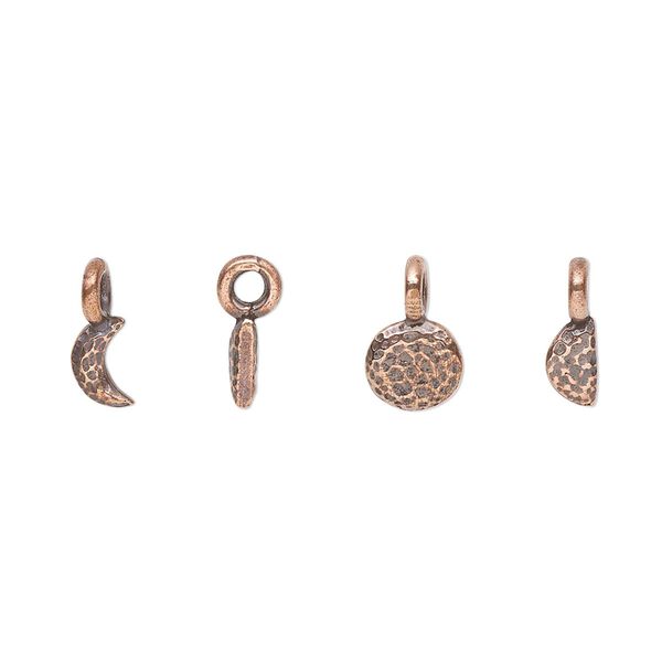 Charm set, TierraCast®, "Celestial" collection, antique copper-plated pewter (tin-based alloy), 6x3.5-6.6mm moon phases with hammered design. Sold 5-piece set. image number 0