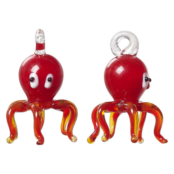 Drop, lampworked glass, red / white / black, 23x18mm 3D octopus. Sold individually. image number 0