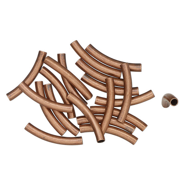 Bead, antique copper-finished brass, 22x3mm curved round tube. Sold per pkg of 20. image number 0