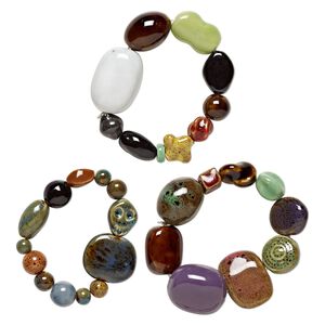 Bracelet, stretch, porcelain, multicolored, 8x4mm-37x33mm multi-shape, 7 inches. Sold individually.