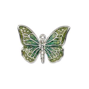 Charm, enamel and imitation rhodium-plated "pewter" (zinc-based alloy), green and light green with glitter, 26x19mm single-sided butterfly. Sold individually.