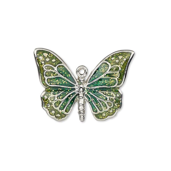 Charm, enamel and imitation rhodium-plated "pewter" (zinc-based alloy), green and light green with glitter, 26x19mm single-sided butterfly. Sold individually. image number 0