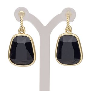 Earring, glass / stainless steel / gold-finished "pewter" (zinc-based alloy), black, 40mm with matte trapezoid and post. Sold per pair.