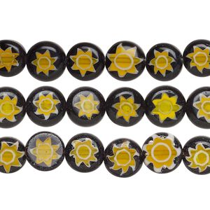 Bead mix, millefiori glass, black, yellow, orange and white, 8-9mm puffed flat round with star design. Sold per pkg of (3) 14-inch strands.