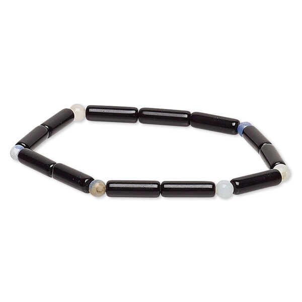 Bracelet, stretch, multi-gemstone (natural / dyed / heated) and glass, multicolored and opaque black, 4-5mm round and 13x4mm-14x4mm round tube, 6-1/2 inches. Sold individually. image number 0
