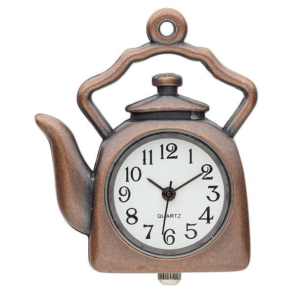 Watch face, stainless steel and antique copper-plated "pewter" (zinc-based alloy), white and black, 34mm single-sided tea kettle. Sold individually. image number 0