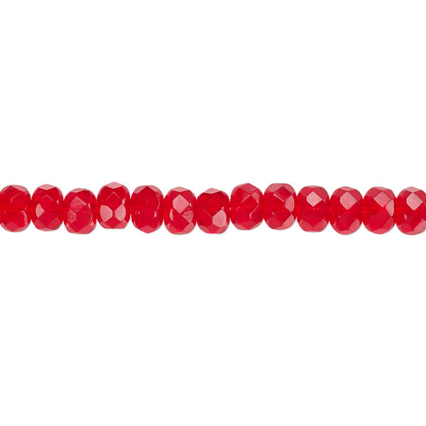 Bead, Czech fire-polished glass, light red, 5x4mm faceted rondelle. Sold per 15-1/2" to 16" strand. image number 0