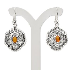 Earring, amber (reconstituted) and antiqued sterling silver, 38mm with freeform design and fishhook ear wire. Sold per pair.