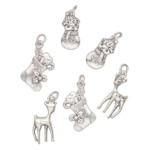 Charm assortment, antique silver-finished "pewter" (zinc-based alloy), 20x12mm-17.5 x 9mm Christmas shapes. Sold per pkg of 6. image number 0