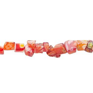 Bead, millefiori glass, translucent dark red and multicolored, small chip. Sold per 32-inch strand.
