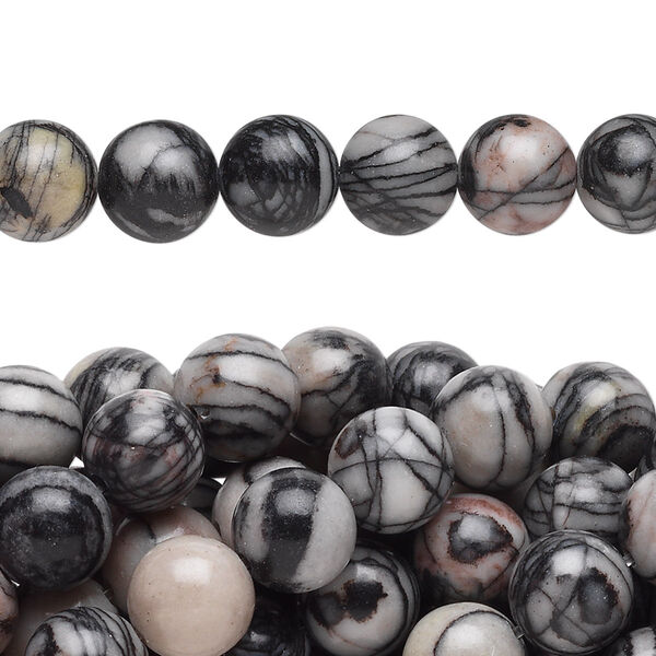 Bead, black silk stone (natural), 8mm round, C grade, Mohs hardness 4. Sold per pkg of (10) 15-1/2" to 16" strands. image number 0