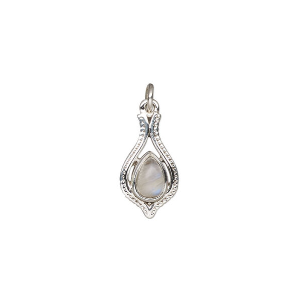 Drop, antiqued sterling silver and rainbow moonstone (natural), 15x9mm single-sided open beaded teardrop. Sold individually. image number 0