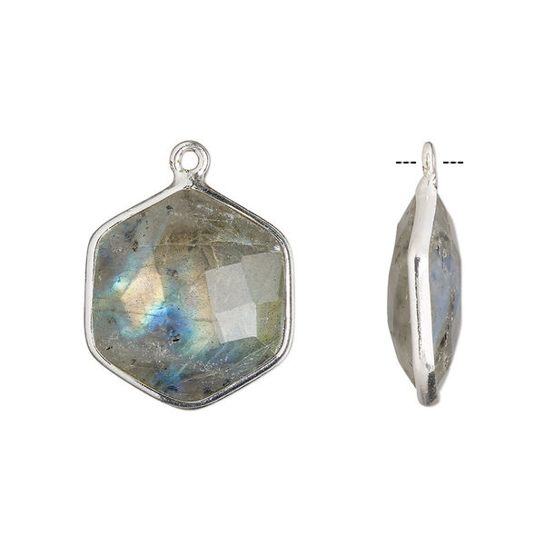 Drop, labradorite (natural) and sterling silver, 18x17mm-20x18mm hand-cut double-sided faceted hexagon. Sold individually. image number 0