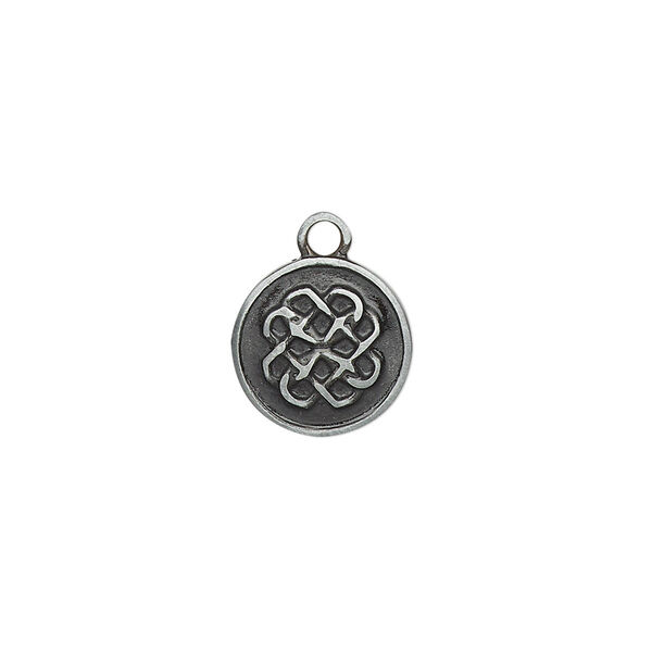 Drop, "pewter" (zinc-based alloy) and enamel, black, 12mm double-sided round with Celtic knot design. Sold individually. image number 0