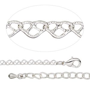 Chain 1pkg1 silver-plated heart, 2.6mm / lobster claw clasp, brass 18 inch