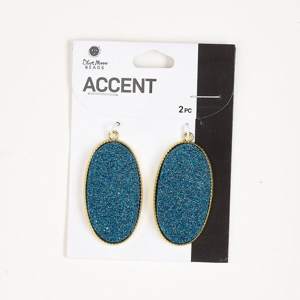 Focal, gold-finished "pewter" (zinc-based alloy) and "druzy" (acrylic), blue, 49x26mm-50x26mm oval. Sold per pkg of 2. image number 0