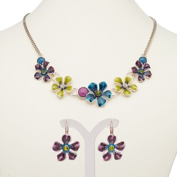 Necklace and earring set, acrylic / enamel / glass rhinestone / rose gold-finished steel / "pewter" (zinc-based alloy), multicolored, flowers, 18-inch necklace with 2-inch extender chain and lobster claw clasp, 32mm earrings with leverback ear wire. Sold per set. image number 0