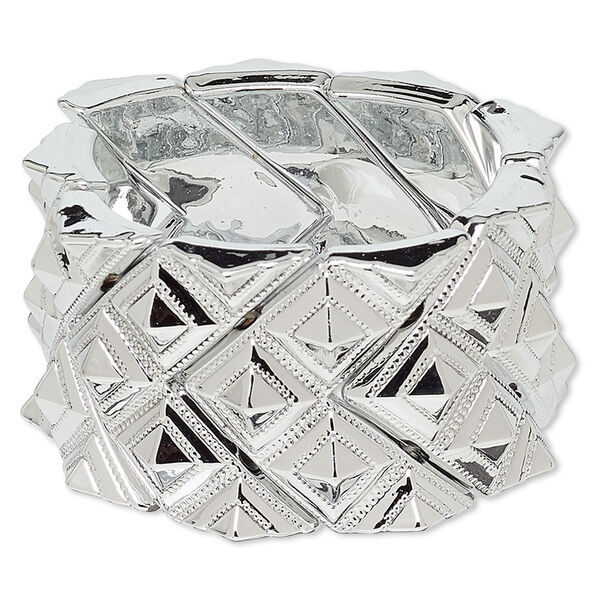 Bracelet, stretch, acrylic, silver, 40mm wide with diamond design, 6 inches. Sold individually. image number 0