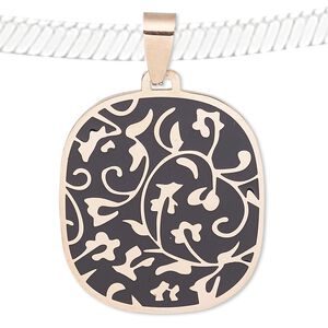 Pendant, enamel and rose gold-finished stainless steel, black, 35x32mm rounded rectangle with vine design. Sold individually.