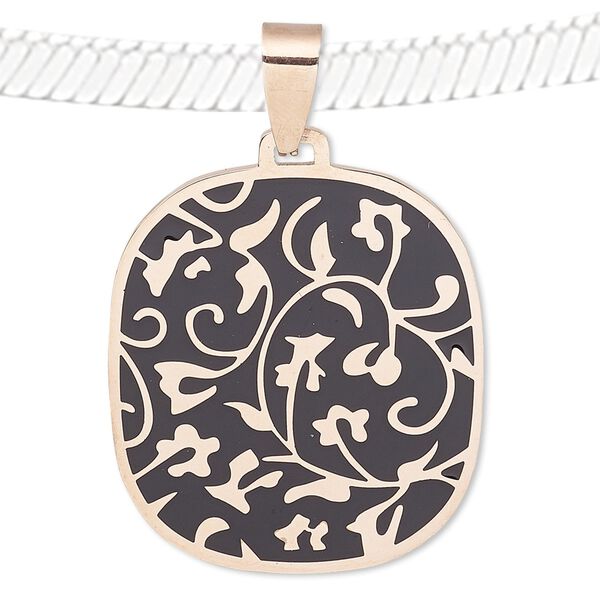 Pendant, enamel and rose gold-finished stainless steel, black, 35x32mm rounded rectangle with vine design. Sold individually. image number 0